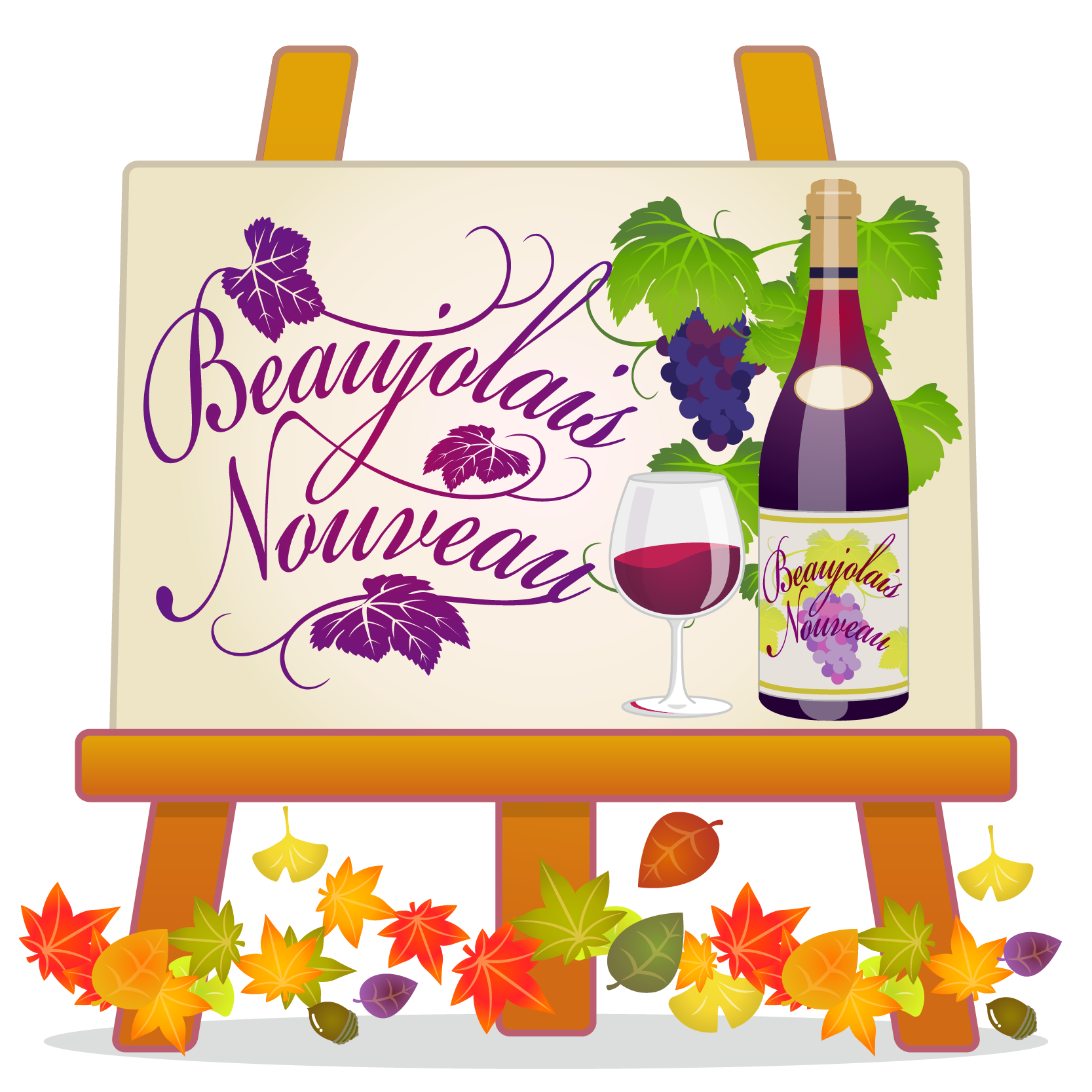 商用フリーイラスト_11月_ボジョレーヌーボー_Beaujolais Nouveau＿イーゼル_キャンバス横_落ち葉