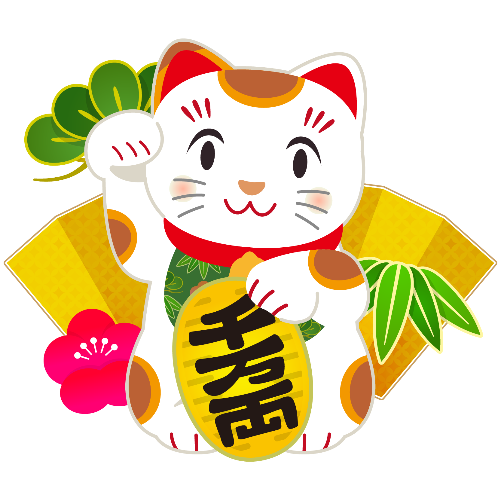 商用フリー・無料イラスト_白招き猫_右手上げ_千万両小判_金屏風