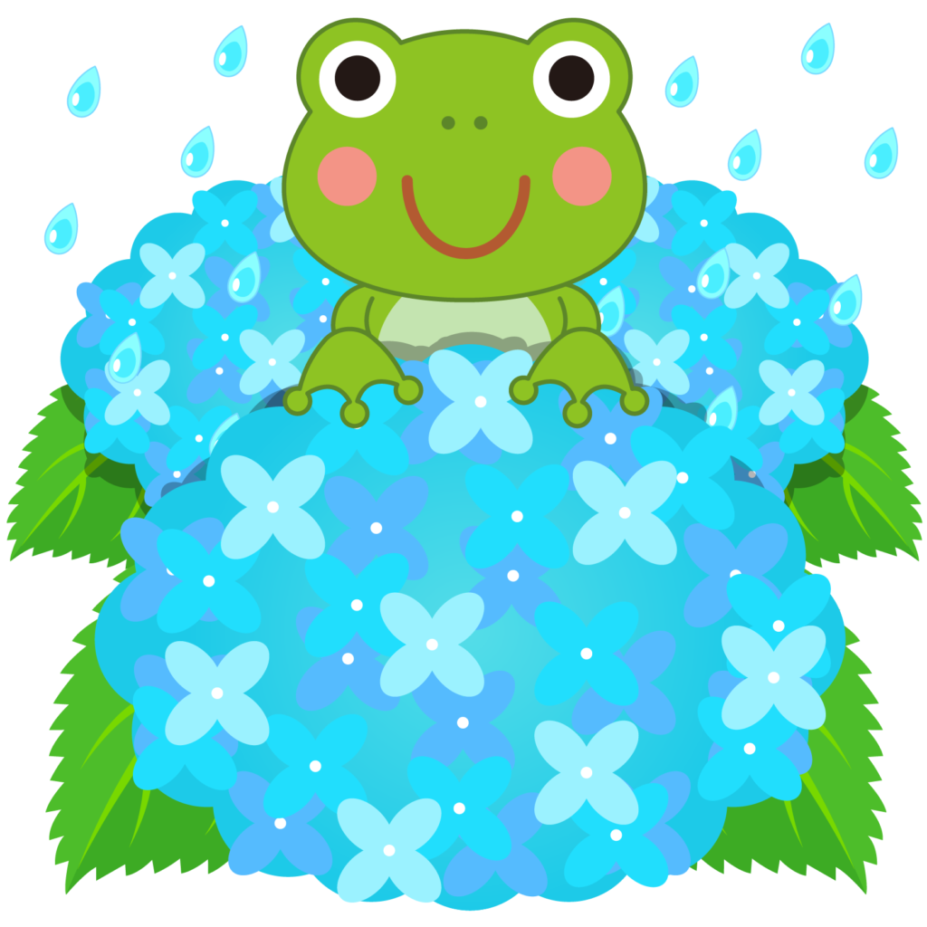 商用フリー・無料イラスト_青い紫陽花（あじさい）に乗るかえるのイラスト_frog008