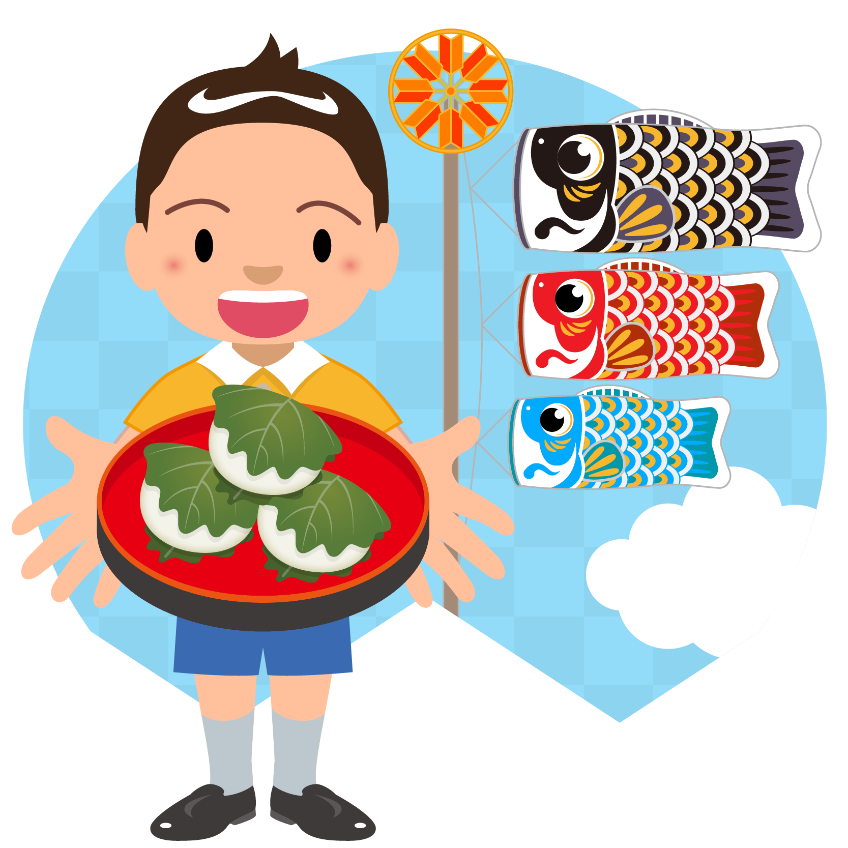 商用フリー 無料イラスト 5月端午の節句 鯉のぼりと男の子と柏餅 かしわもち Tangonosekku32 商用ok フリー素材集 ナイスな イラスト