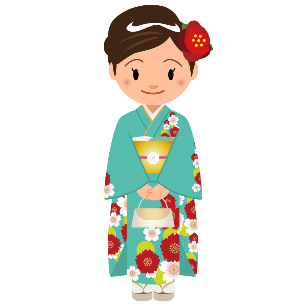 商用フリー・無料イラスト_緑の着物を着た女性_kimono002-2