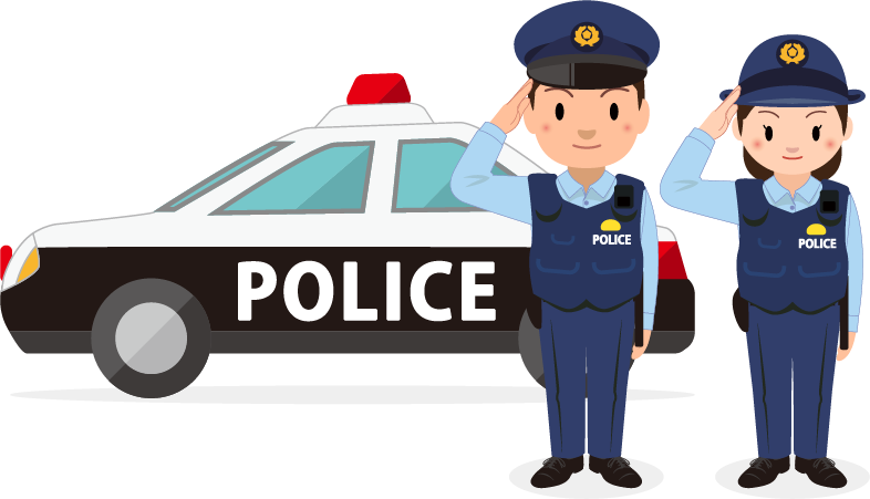 商用フリー・無料イラスト_パトカーの前で敬礼をする警察官のイラスト_police036