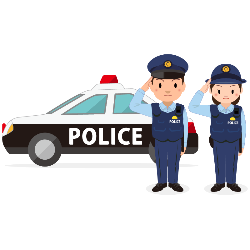 商用フリー・無料イラスト_パトカーの前で敬礼をする警察官のイラスト_police036