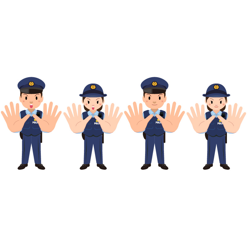 商用フリー・無料イラスト_ストップと両手を広げる警察官のイラスト_police042