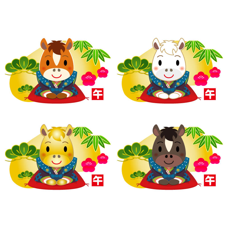 商用フリー・無料イラスト_干支_午年(馬・うまどし・松竹梅・金色の背景)のイラスト_umadoshi051