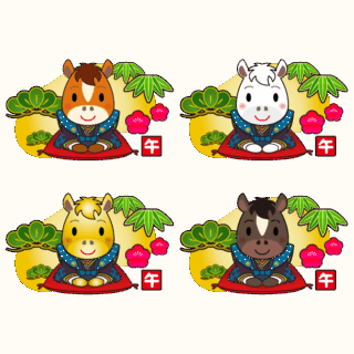 商用フリー・無料イラスト干支午年（馬・うまどし・松竹梅・金色の背景）のイラスト（アウトラインあり）_umadoshi056
