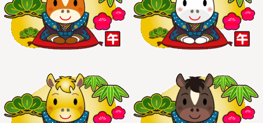 商用フリー・無料イラスト干支午年（馬・うまどし・松竹梅・金色の背景）のイラスト（アウトラインあり）_umadoshi056