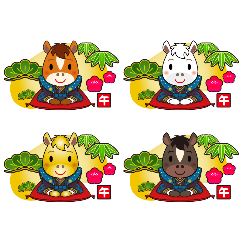 商用フリー・無料イラスト干支午年（馬・うまどし・松竹梅・金色の背景）のイラスト（アウトラインあり）_umadoshi056