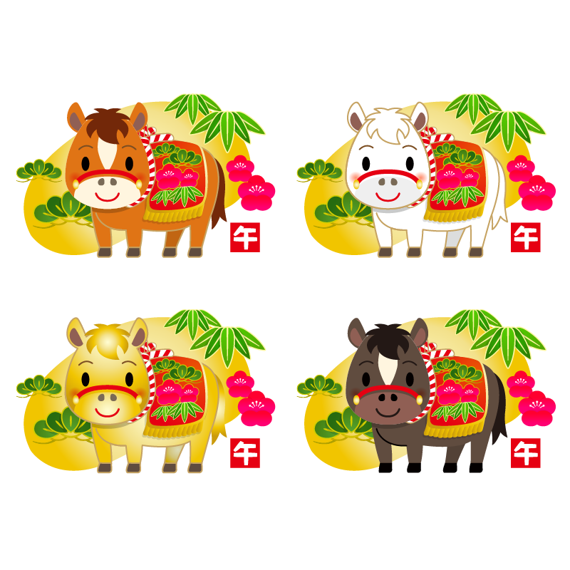 商用フリー・無料イラスト_干支_午年（馬・うまどし・松竹梅・金色の背景）のイラスト_umadoshi061