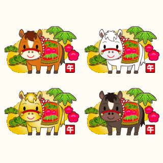 商用フリー・無料イラスト_干支_午年（馬・うまどし・松竹梅・金色の背景）のイラスト（アウトラインあり）_umadoshi066