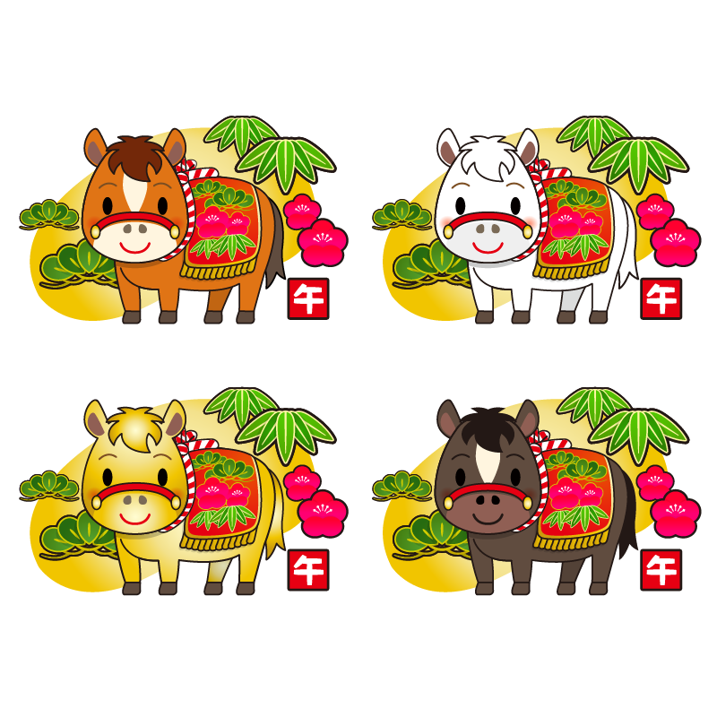 商用フリー・無料イラスト_干支_午年（馬・うまどし・松竹梅・金色の背景）のイラスト（アウトラインあり）_umadoshi066